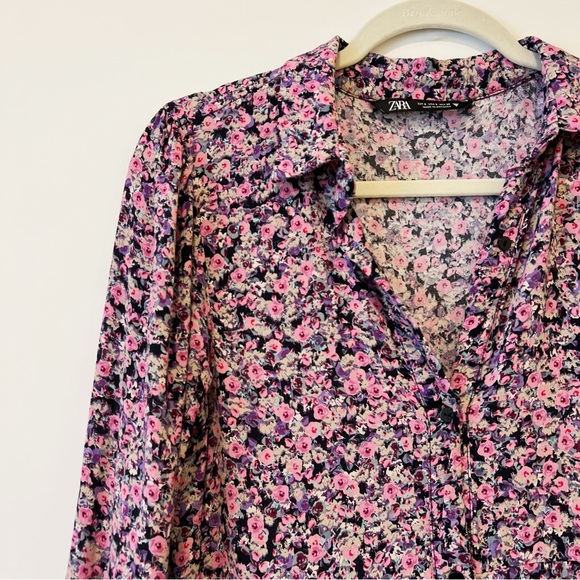 Zara Floral Print Maxi Dress Multicolor Lantern Long Sleeves Collar Shirtdress S - Picture 6 of 9